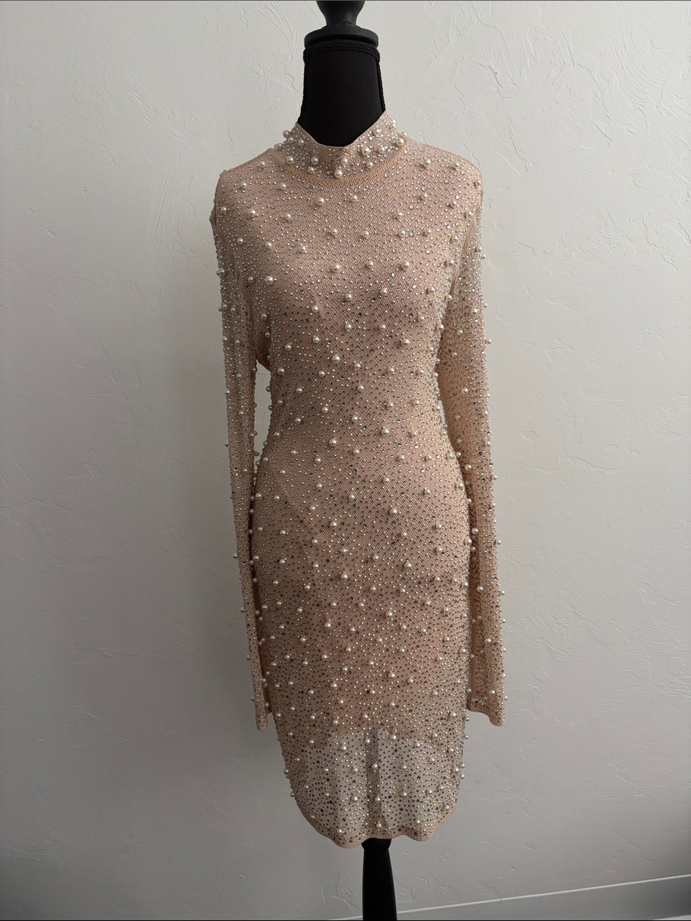 Fashion Nova Nude Pearl & Crystal Long-Sleeve Bodycon Dress